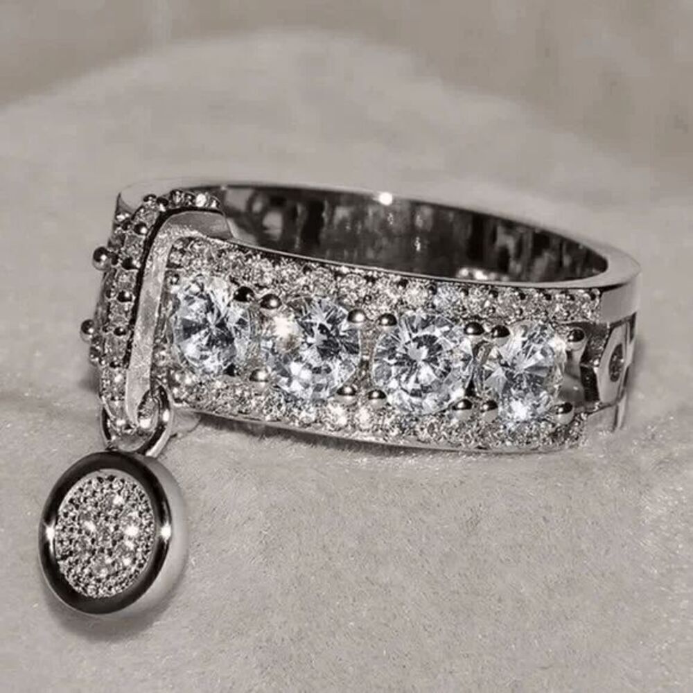 Engagement Wedding Anniversary Round Diamond Mosaic Ring With Hanging Charm